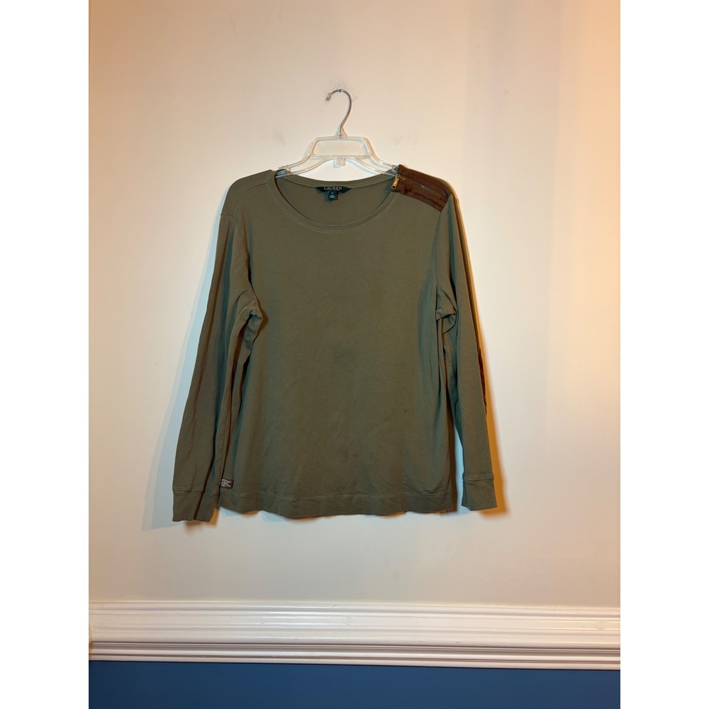 Lauren Ralph Lauren Top Women 1X Olive Green Elbow Patch Faux Suede Zipper Trim